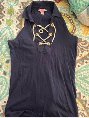Lilly Pulitzer Navy Rope-Lace Sleeveless Collared Tank